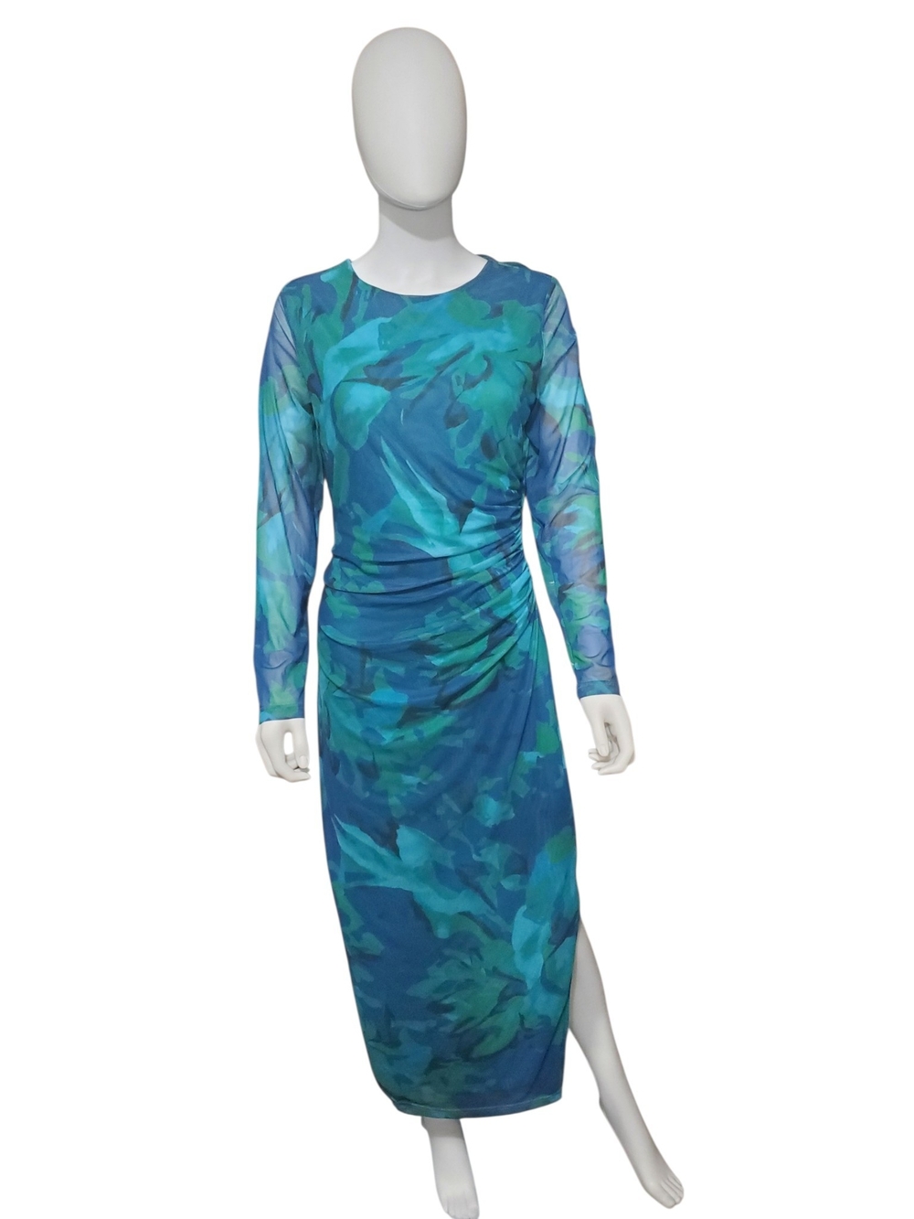 PrettyGarden Blue Green Floral Mesh Ruched Midi Dress Size L